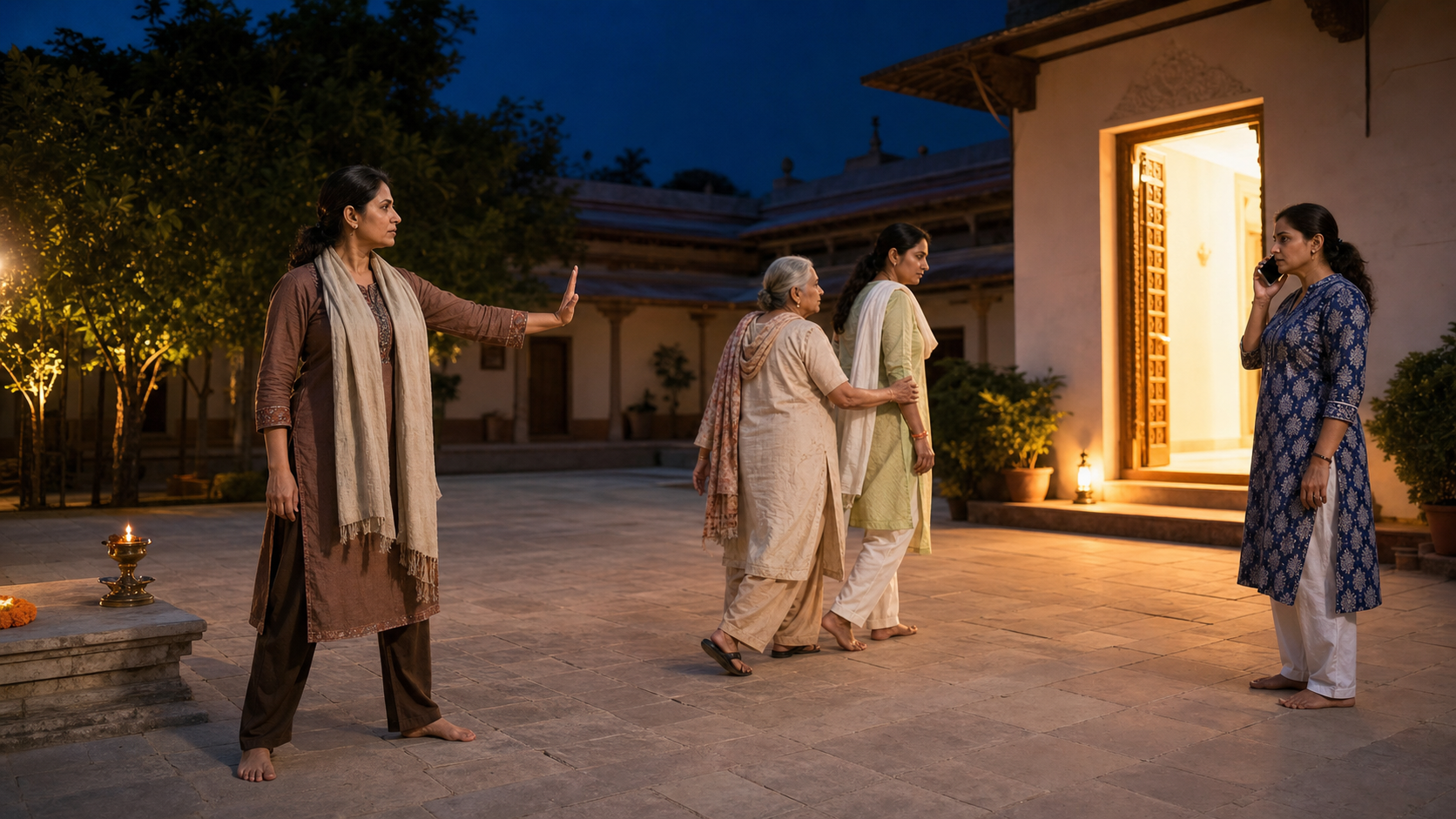 Women practice maintaining distance, guiding an older person to a safe doorway, and calling for help in a community courtyard.
