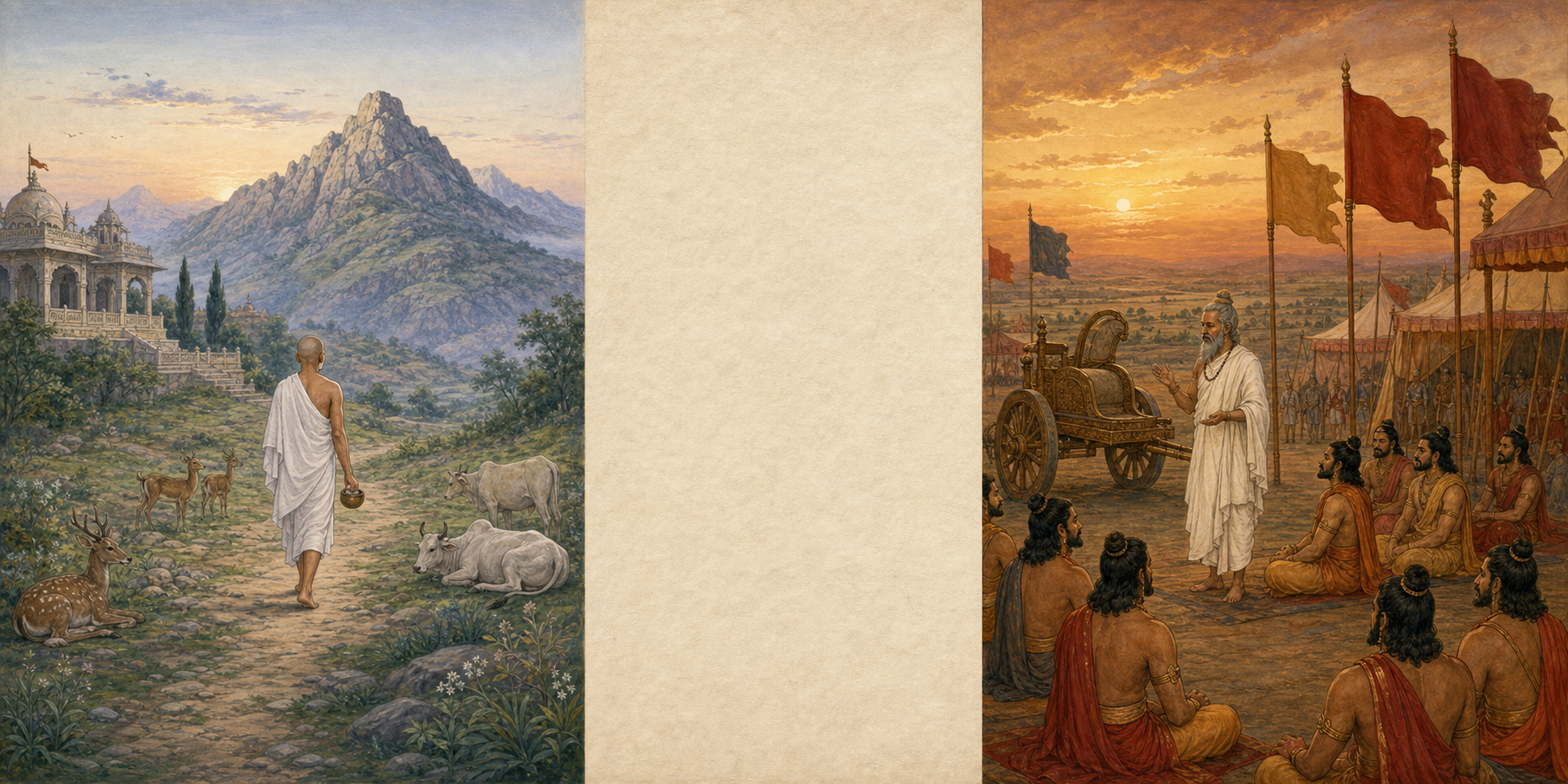 Two separate painted scenes show an ascetic walking toward a mountain and a sage addressing warriors beside a chariot.