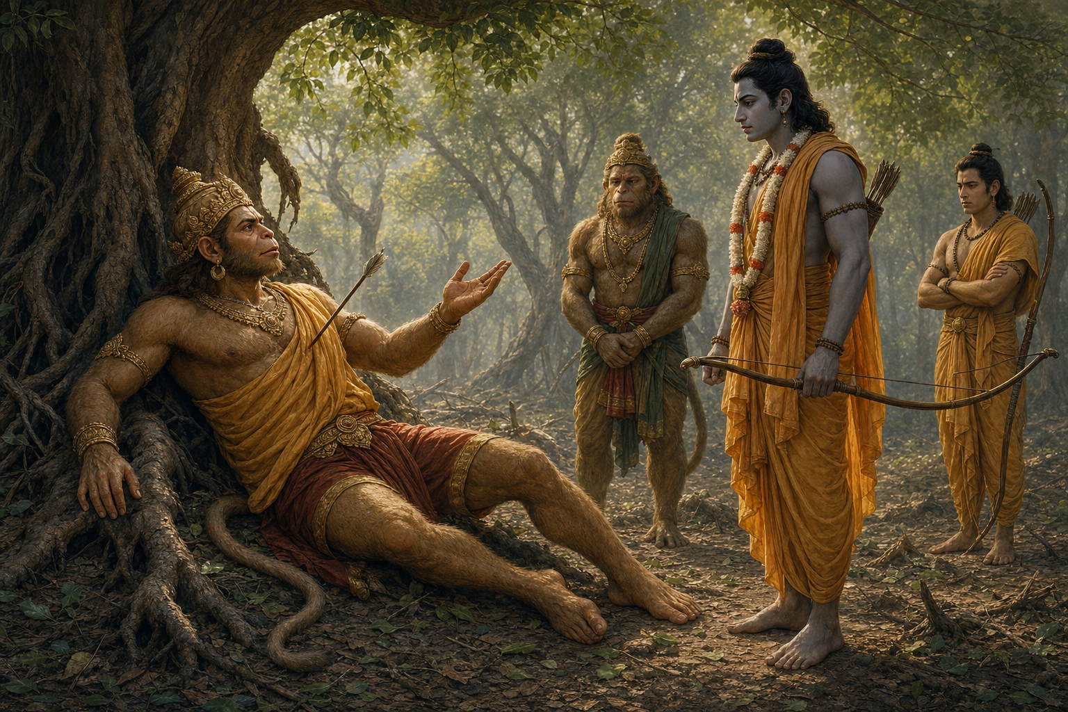 The wounded Vali raises a questioning hand toward Rama, who stands nearby with his bow lowered as Lakshmana and Sugriva watch.