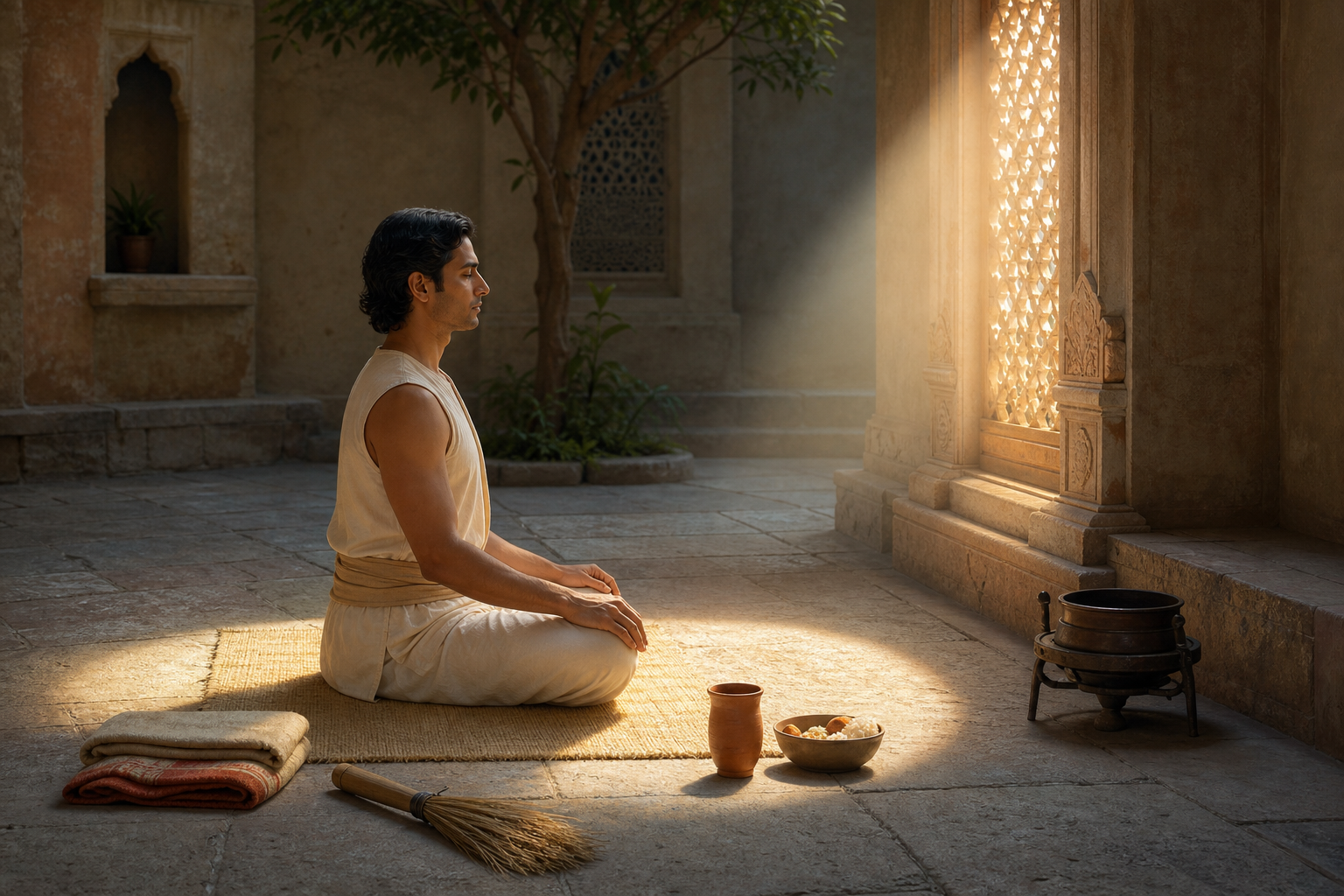A healthy practitioner meditates in a stone courtyard beside food, water, a blanket, and a service broom as morning light gathers around the mat.