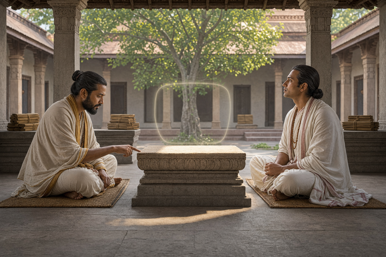 Two classical Indian scholars examine the same empty stone pedestal from opposite sides in a sunlit courtyard.