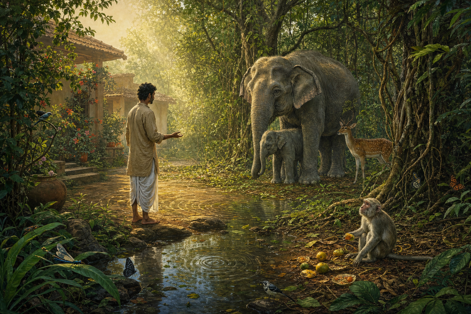 A person stands between a village garden and a forest near an elephant and calf, a macaque, a deer, birds, insects, and dense plant life.