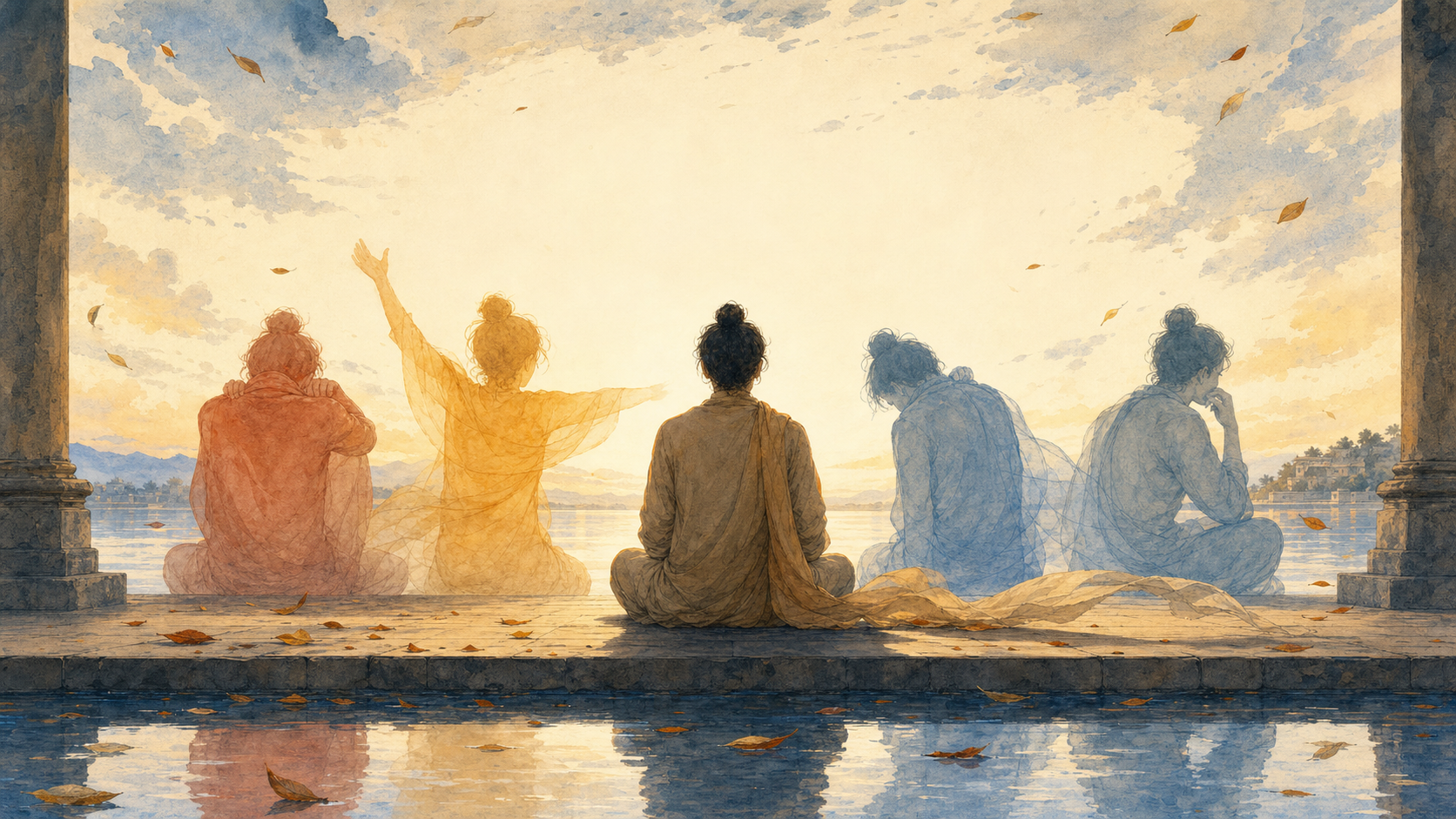 A seated figure remains centered while translucent figures, moving leaves, clouds, and water reflections suggest changing emotional states around them.