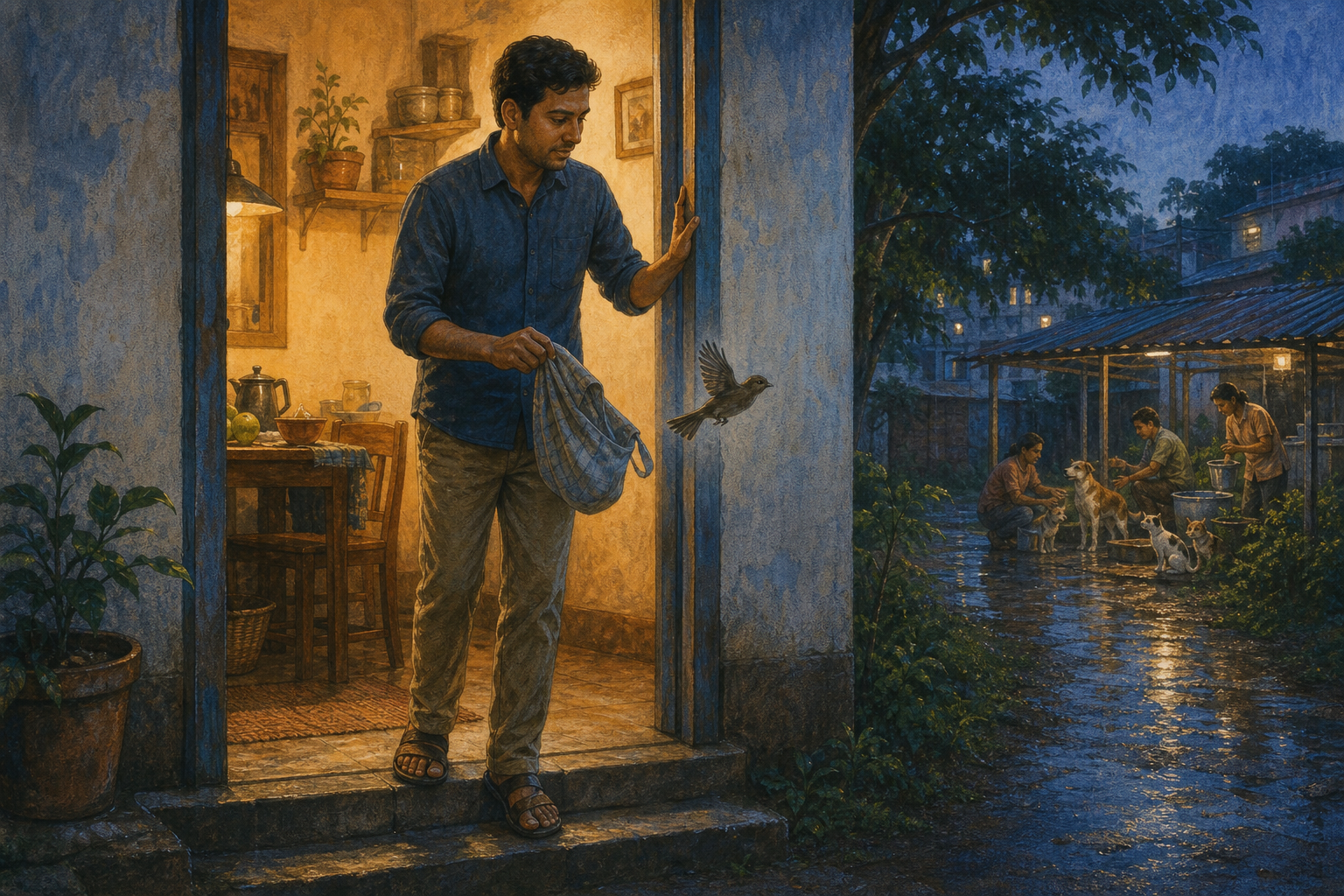 A person pauses in a home doorway and releases a small bird while neighbors tend rescued animals outside after rain.