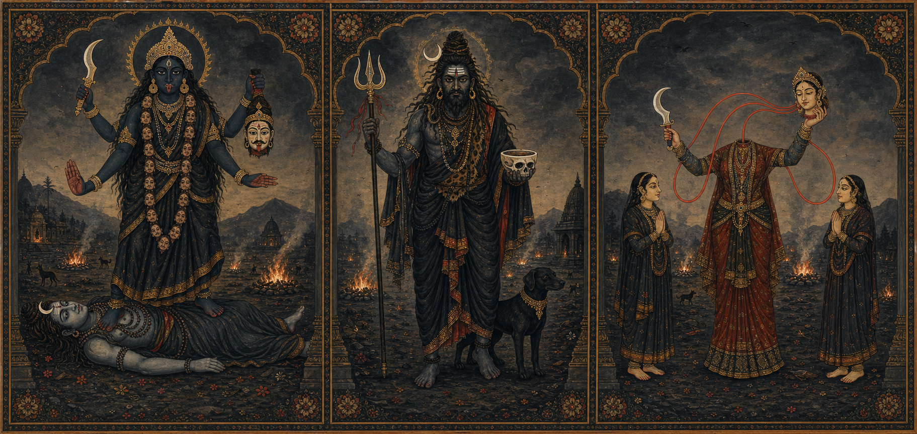 A painted triptych shows Kali with a blade and garland at left, Bhairava holding a trident and skull bowl beside a dog at center, and the self-decapitated Chinnamasta with two attendants at right in a twilight cremation ground.