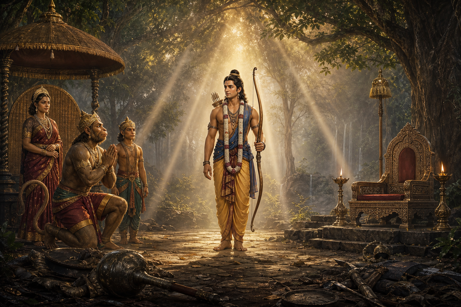 Rama stands with his lowered bow between Sugriva, a royal family, an empty throne, and the discarded weapons of the interrupted fight.