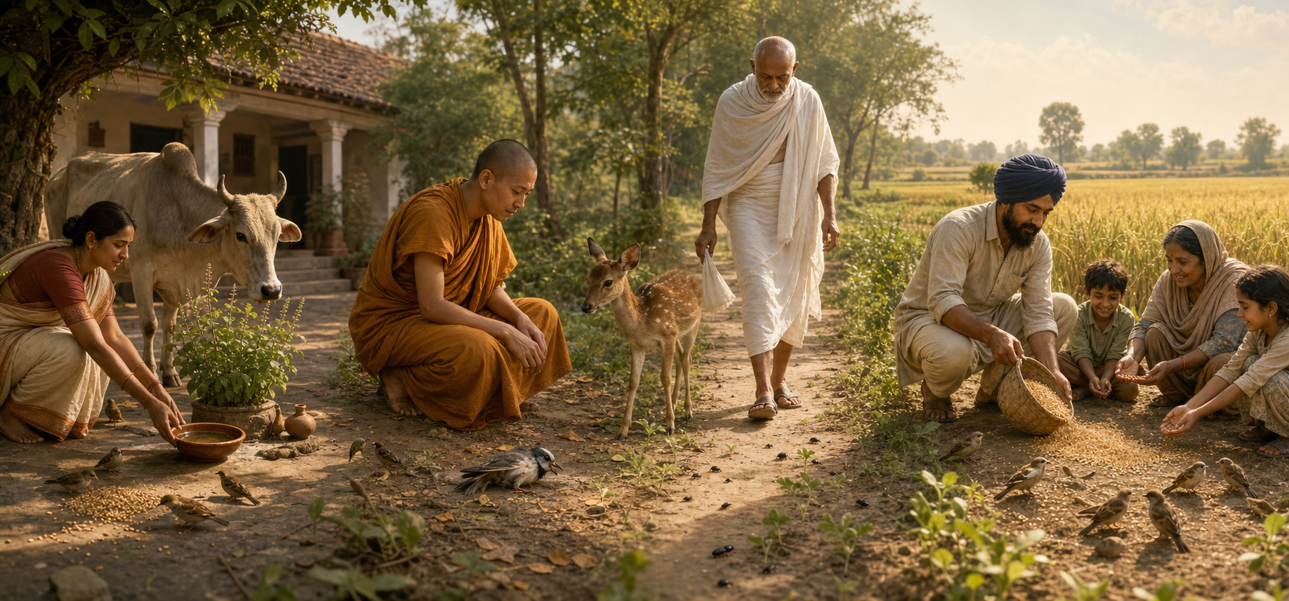 Four adjoining scenes show a Hindu householder tending animals and a plant, a Buddhist monastic observing wildlife, a Jain mendicant avoiding insects and seedlings, and a Sikh farmer leaving grain for birds.