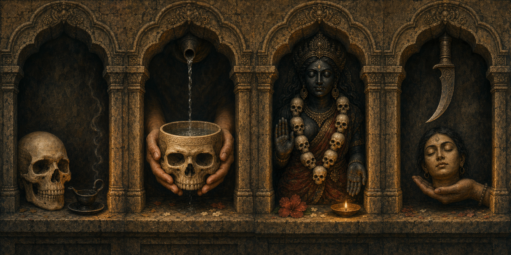 Four painted shrine niches show a skull beside an extinguished lamp, a skull bowl receiving water, a skull garland around a goddess, and a peaceful severed head beneath a curved blade.