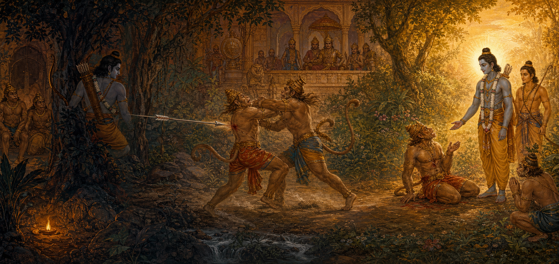 A panoramic forest scene presents three visual interpretations of Rama's concealed shot at Vali, shifting from austere narration to royal judgment and devotional illumination.