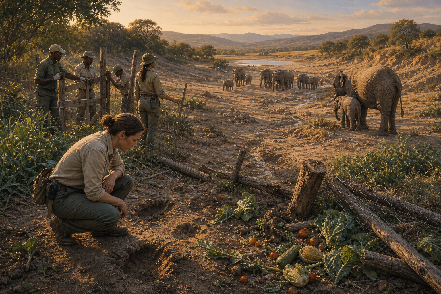 A wildlife responder examines elephant tracks, a broken garden fence, scattered crops, and a dry water channel while an elephant protects its calf nearby.