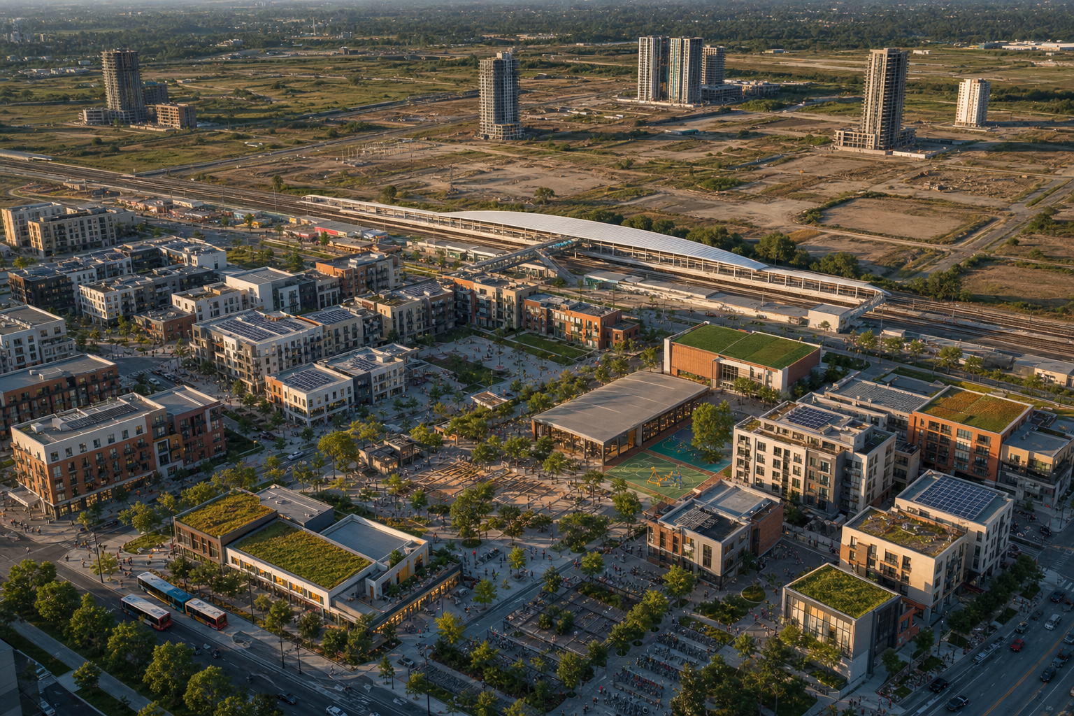 A new district around a regional rail station combines housing, workplaces, markets, public services, buses, cycling facilities, and walkable streets, beside isolated towers and vacant land.