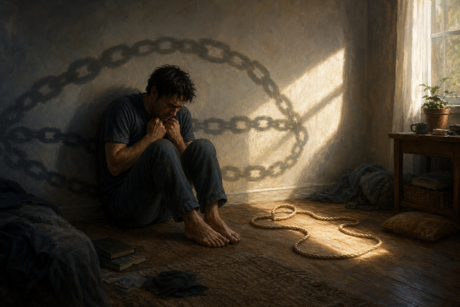 An anxious person grips a chain-shaped shadow on a wall while the loose rope casting it lies on the floor and their hands remain unbound.
