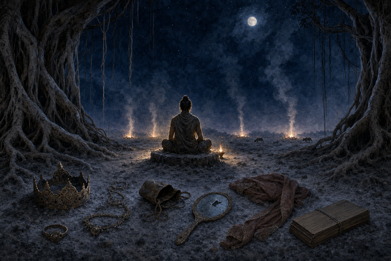 An anonymous practitioner meditates on an ash-covered seat in a moonlit cremation ground, surrounded by discarded jewelry, a crown, a mirror, coins, a sash, and a closed manuscript bundle.