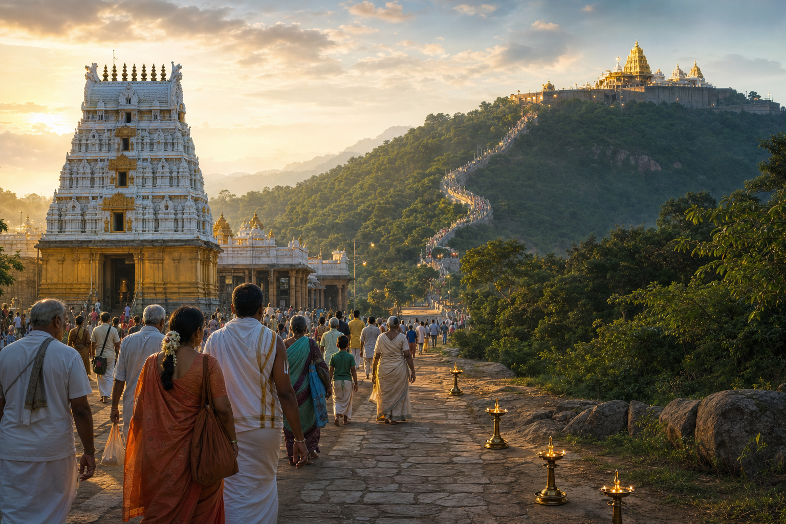 Pilgrims travel from a South Indian temple in the Tirupati plains toward a temple precinct on the forested Tirumala hills, with four brass lamps along the path.