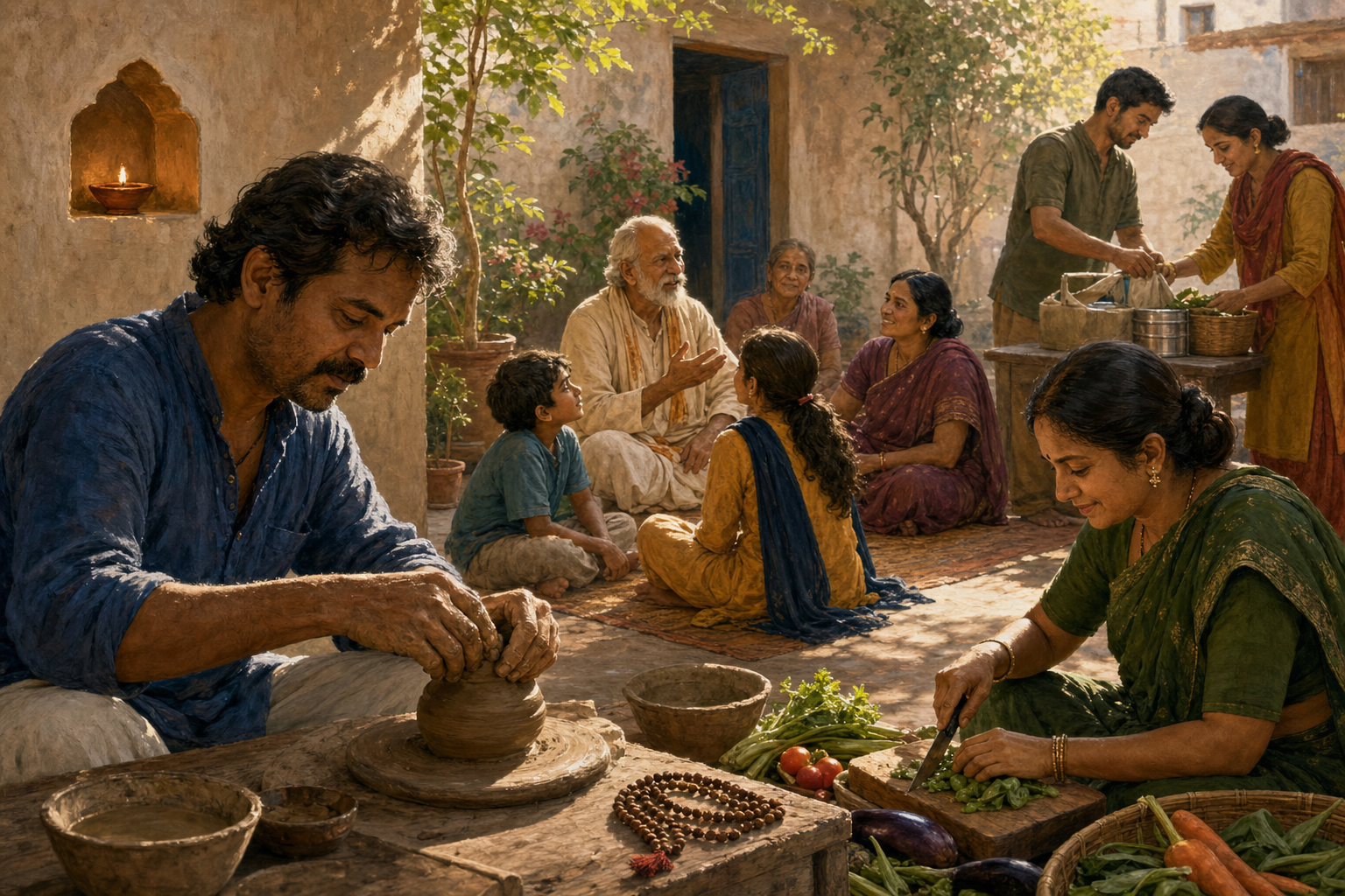 People work, prepare a shared meal, listen to an elder's story, and care for neighbors in a sunlit community courtyard.