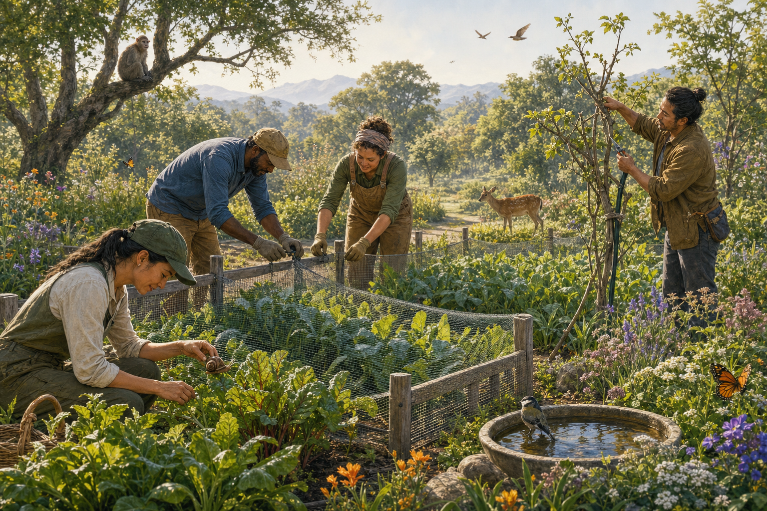 Gardeners install protective fencing and netting, move a snail, and support a damaged plant beside a habitat area for birds, butterflies, and other wildlife.