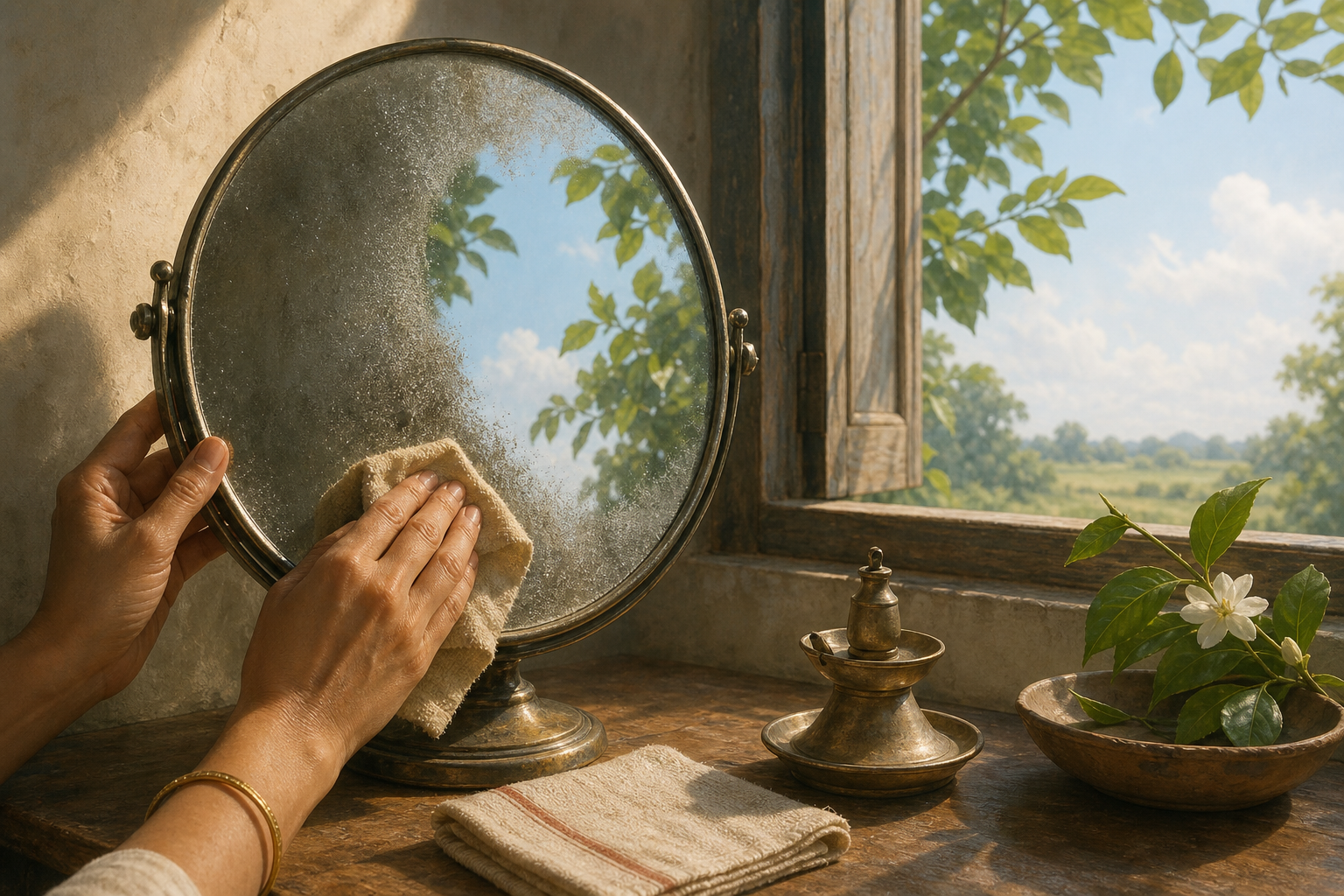 Hands wipe dust and condensation from a round metal mirror, revealing its reflection of a bright sky and sunlit leaves.