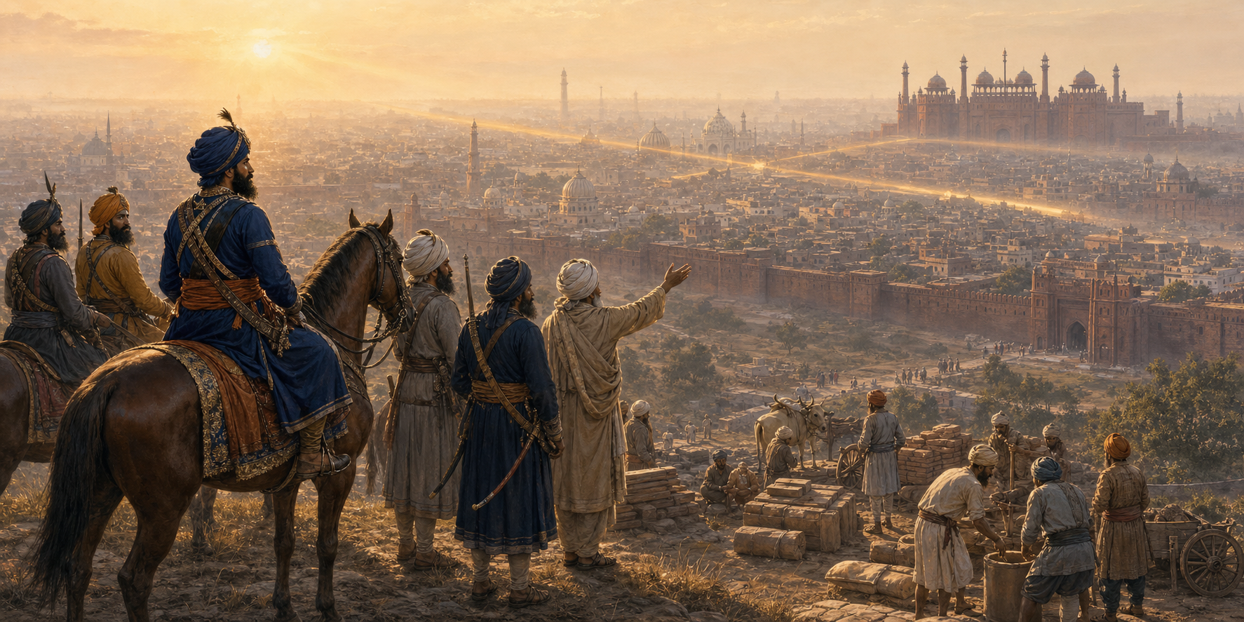 Baghel Singh and Sikh leaders look toward the walled city of Delhi in 1783 as elders, masons and pilgrims prepare to preserve sacred sites.