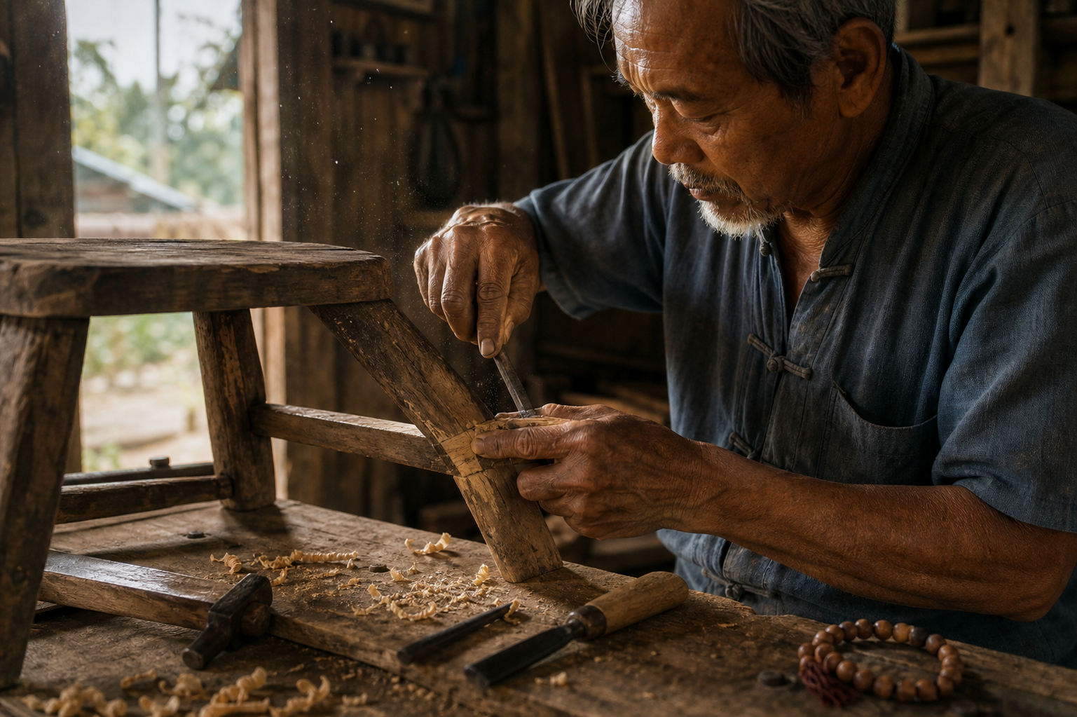 A craftsperson calmly repairs a wooden stool at a workbench beside a strand of prayer beads.