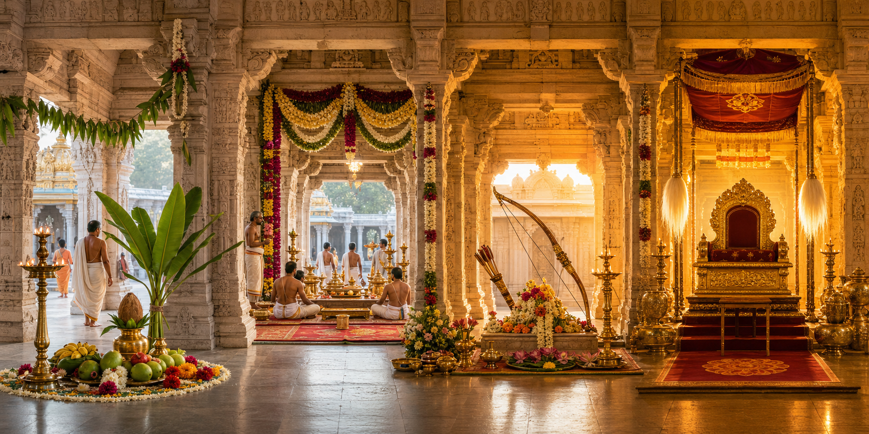 Four connected temple scenes show new-year offerings, a festive court assembly, Sri Rama symbols, and a ceremonial coronation setting in sequence.