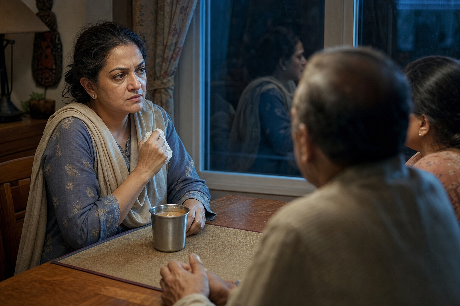 A tense adult grips a napkin during a family conversation as window light falls across their face, hand, and cup.