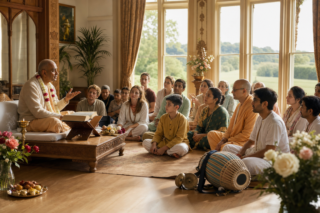 Vaishnava teacher leading a spiritual class in a sunlit manor-style temple hall