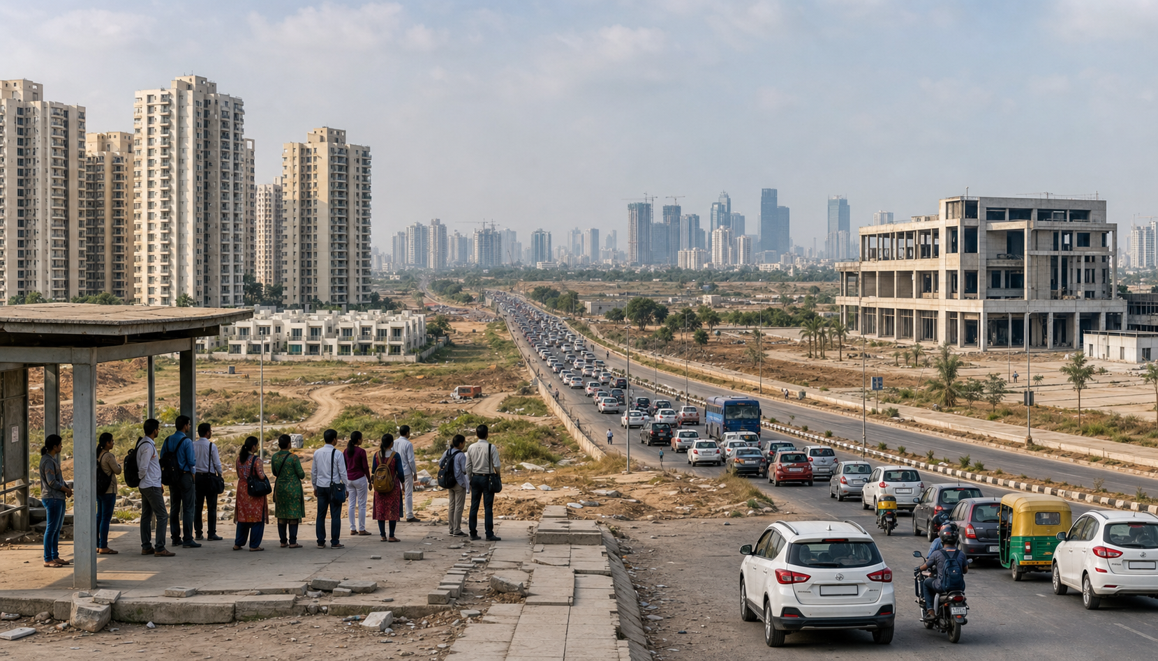 Apartment towers in a peripheral satellite town are separated from jobs and services by vacant land and congested roads, while residents wait at an exposed bus stop.