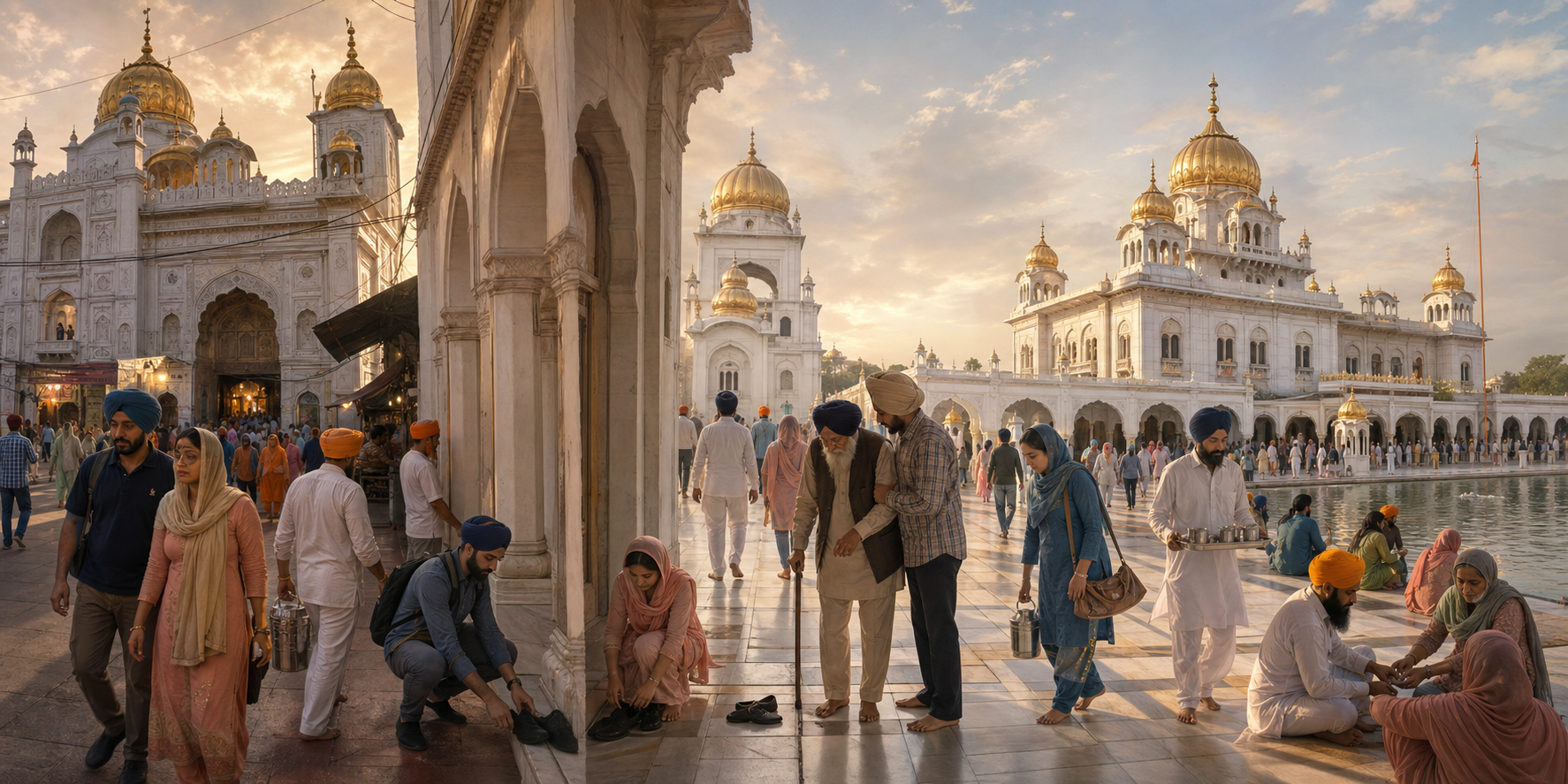 Pilgrims move through a connected visual sequence of Sis Ganj Sahib, Rakab Ganj Sahib and Bangla Sahib while pausing for remembrance, compassion and service.