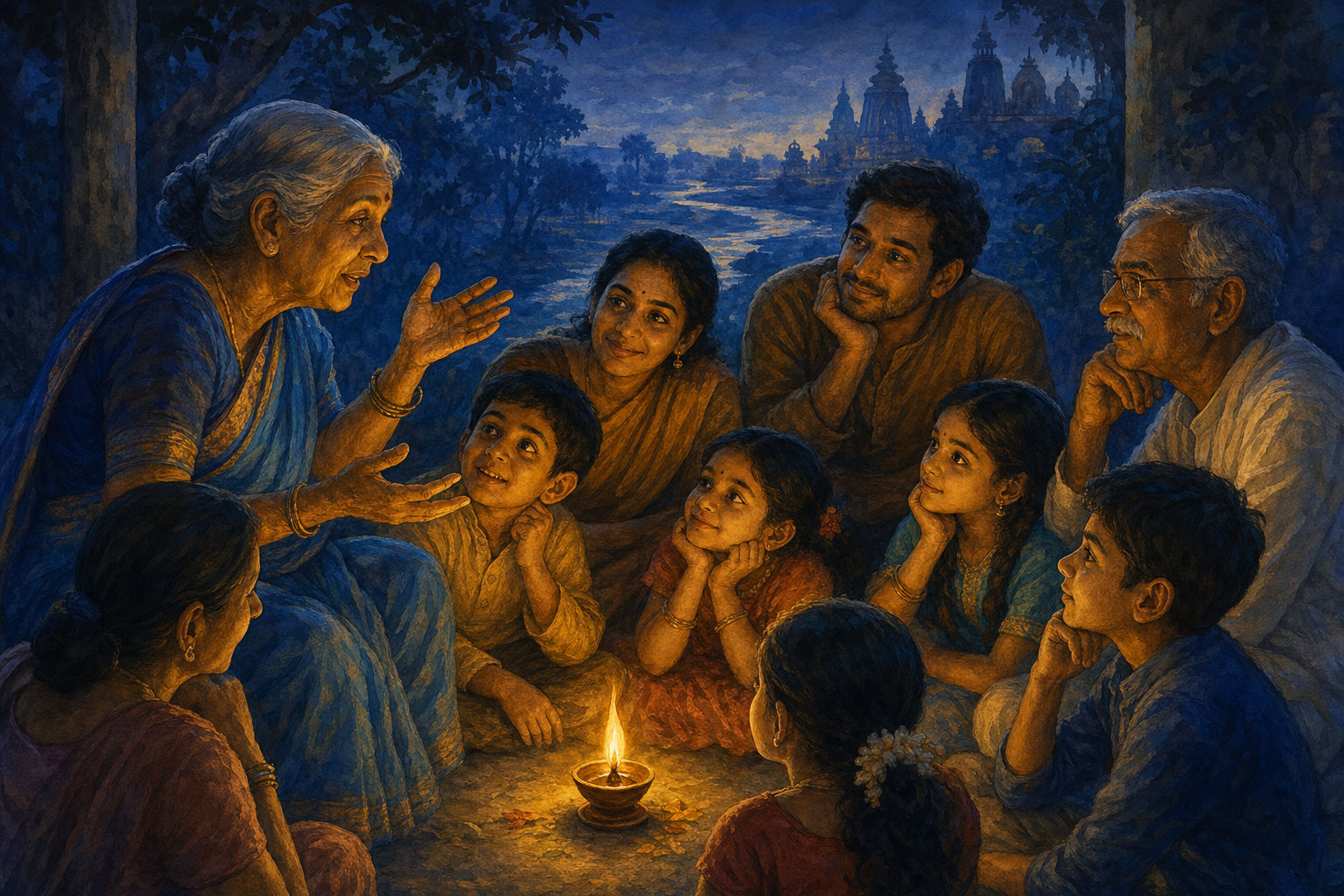 An older woman tells a story by lamplight as children and adults listen together in a courtyard.
