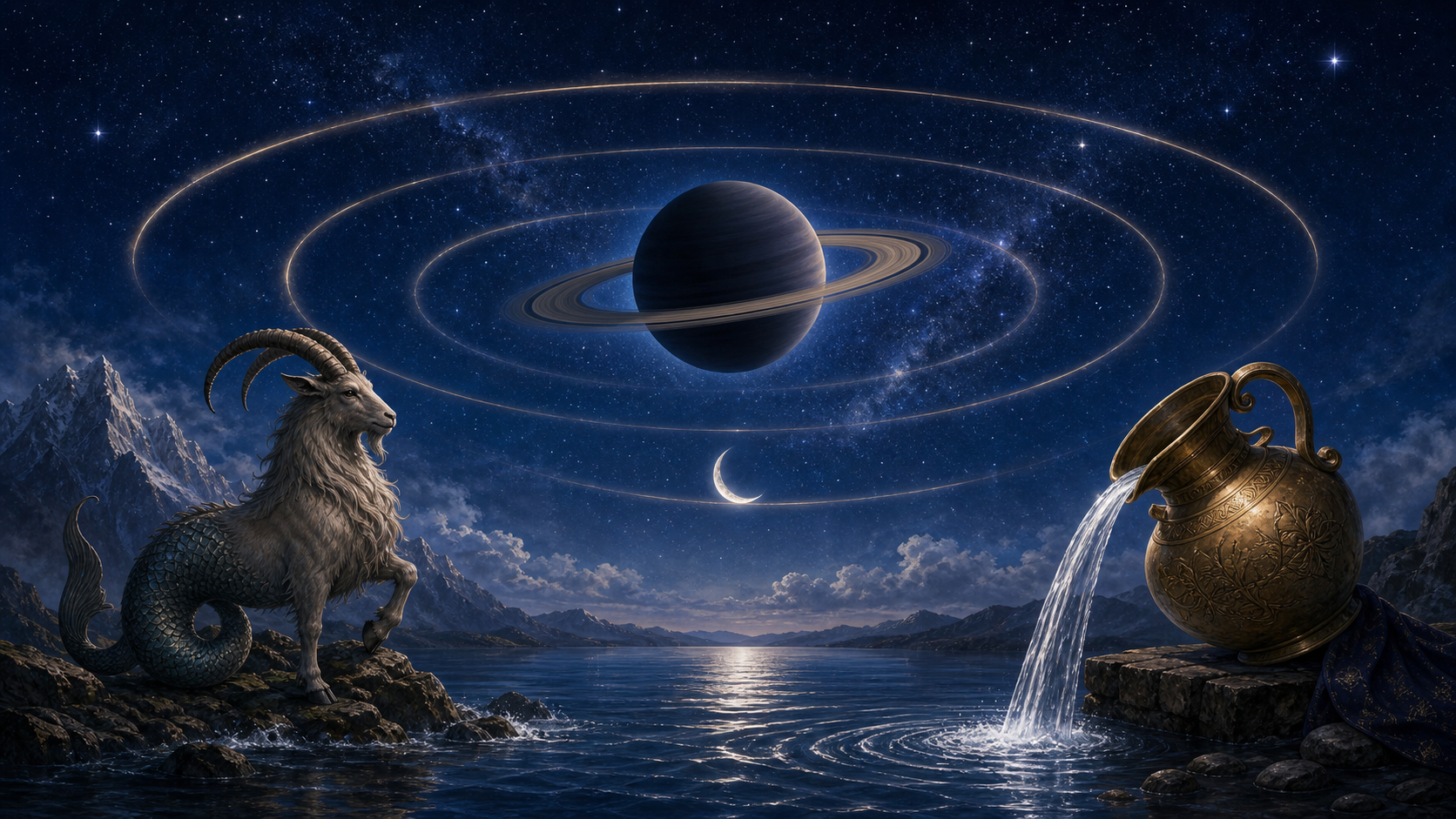 A ringed Saturn and crescent moon above a mythic sea-goat, a brass water vessel, and three luminous celestial paths.