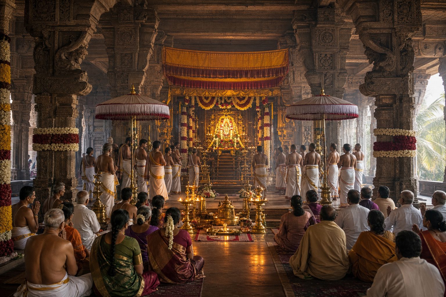 Priests and devotees assemble in a pillared temple hall before an elevated, flower-covered shrine arranged as a formal sacred court.