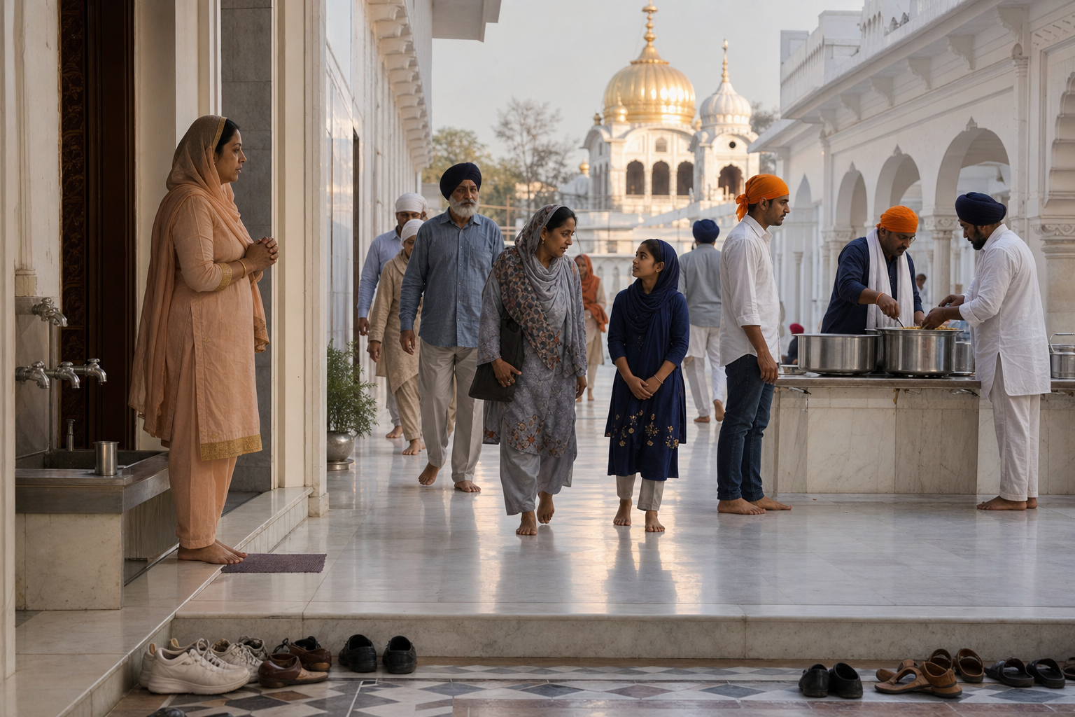 Visitors with covered heads walk barefoot through a Delhi gurdwara as volunteers prepare and serve a communal meal nearby.
