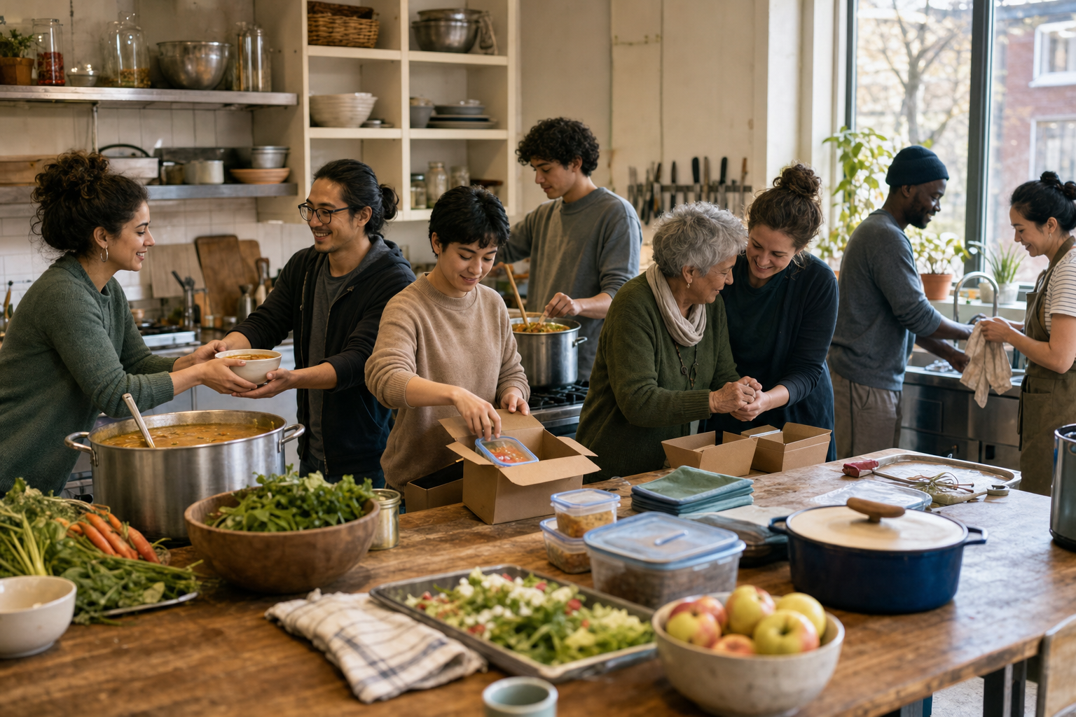 Neighbors cook, pack meals, clean, and support an older adult together in a community kitchen.