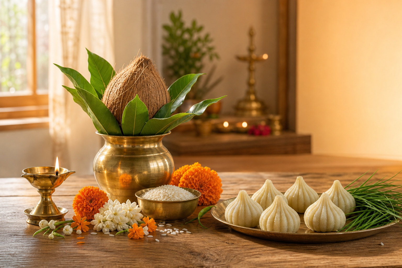 Brass lamp, decorated kalasha, flowers, durva grass, rice, and modaks arranged on a wooden table beside a home prayer alcove.