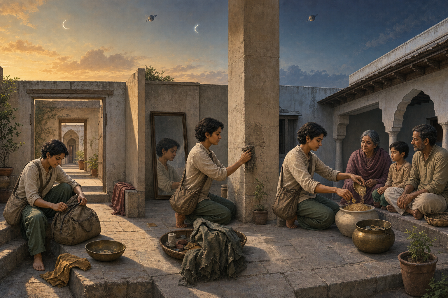 One traveler passes through three courtyards containing a travel bag, a mirror and repaired pillar, and household vessels with grain and coins.