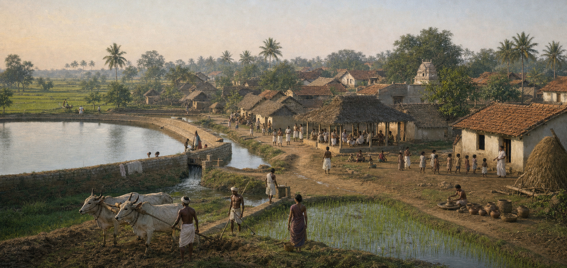 Reconstructed view of Kelambakkam in 1891 with a village tank, irrigated fields, tiled and thatched houses, working residents, a school, and a temple.