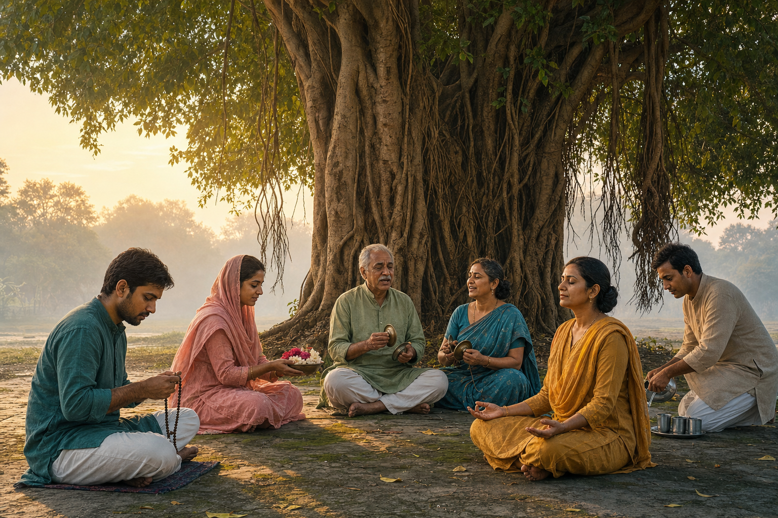 People beneath a banyan tree practice prayer, song, meditation, offering, and service in distinct ways while sharing the same gathering place.