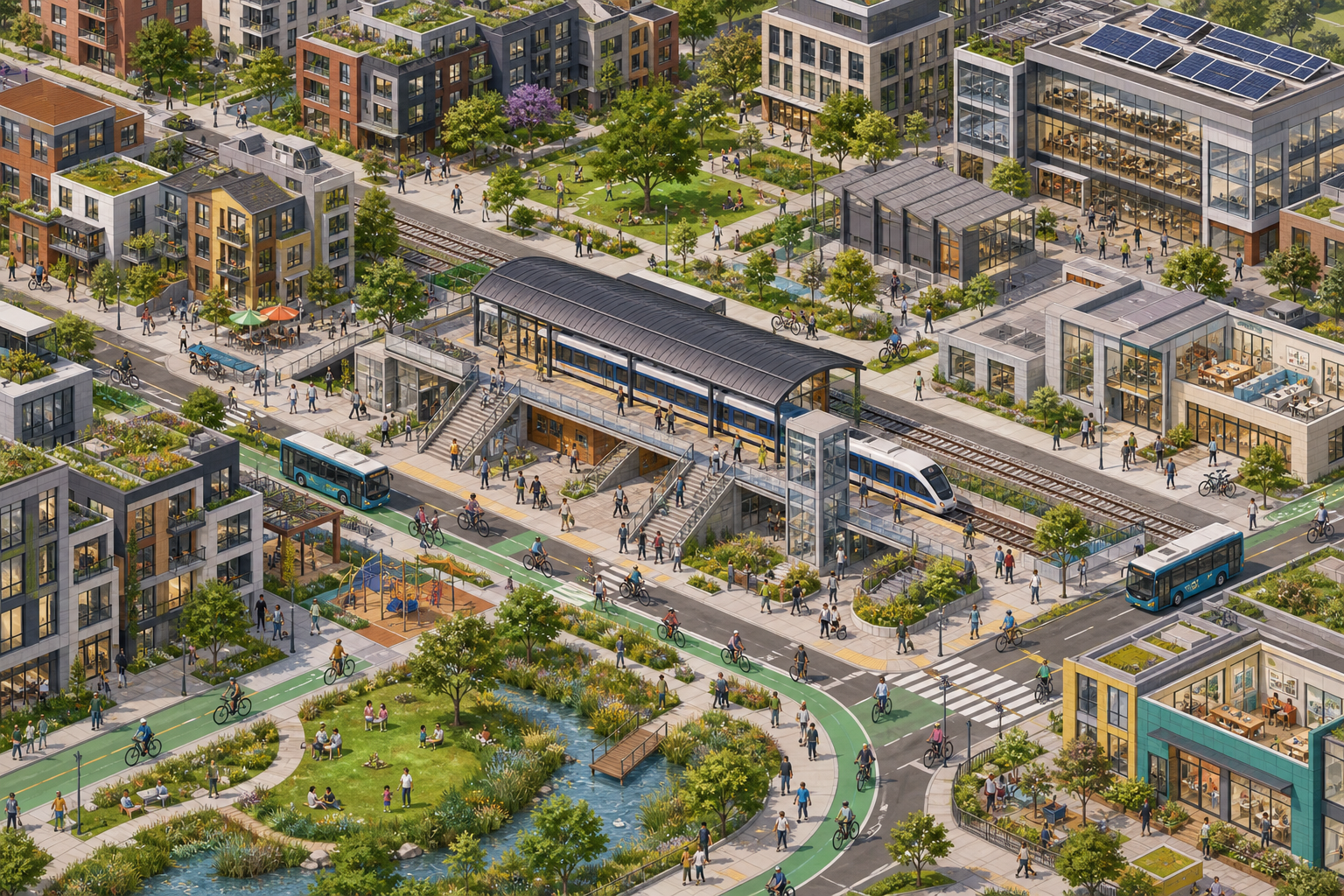 An isometric transit city includes mixed-income housing, workplaces, shops, a school, clinic, parks, buses, cycle paths, and accessible walking routes around a rail station.
