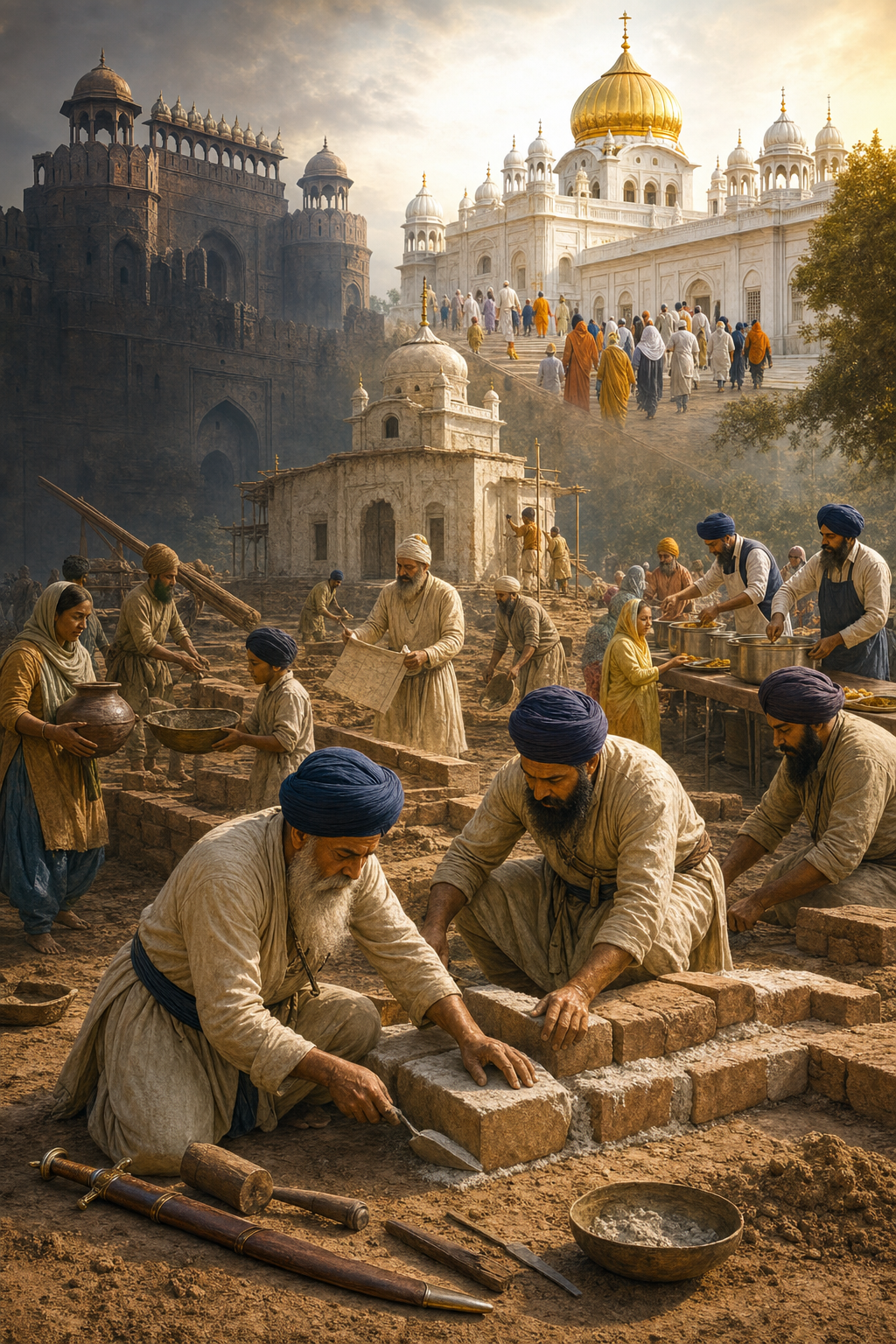 Eighteenth-century Sikh builders lay a shrine foundation beneath Delhi's fortifications as the scene transitions into present-day gurdwaras and community service.