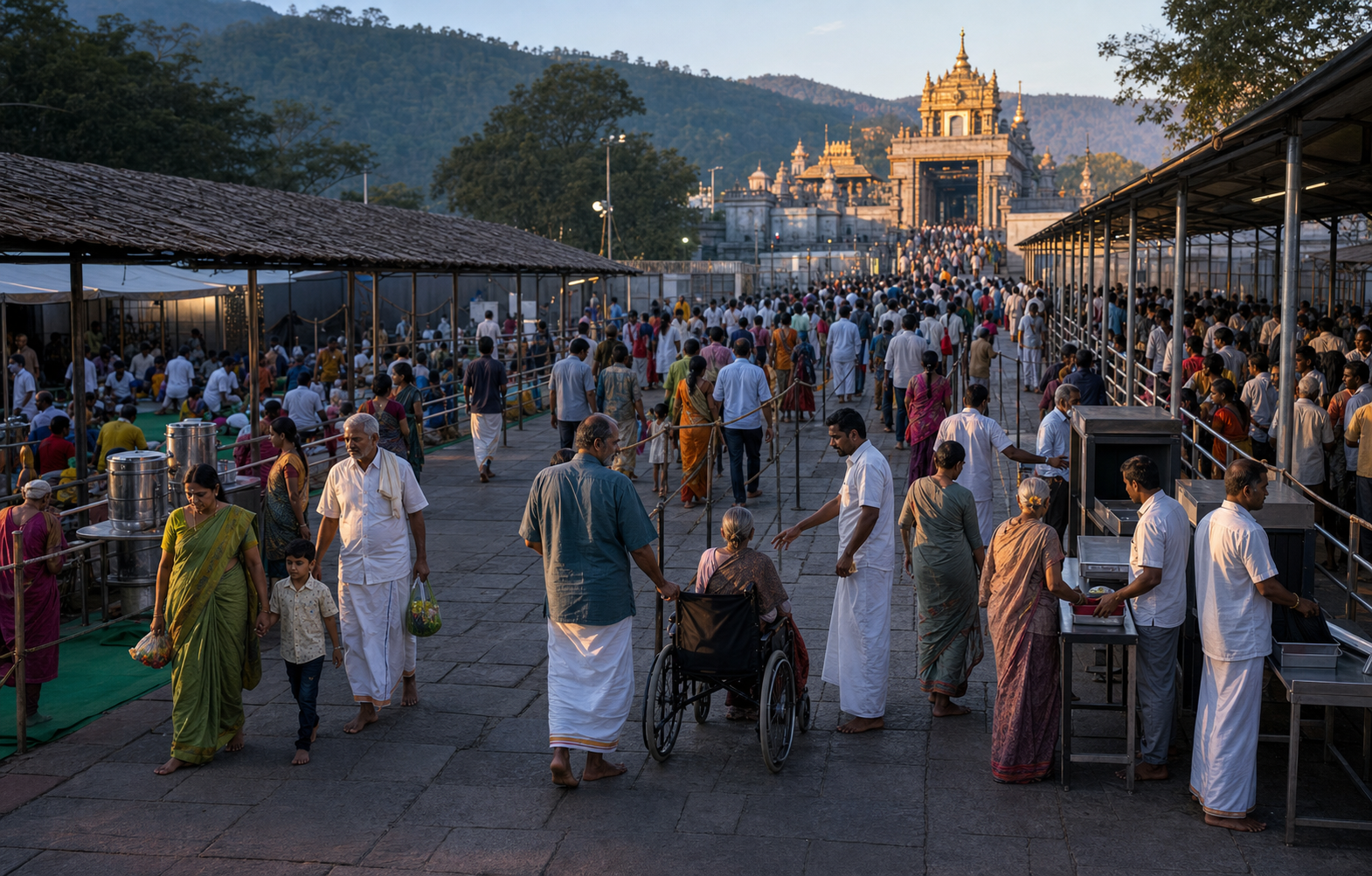 Barefoot pilgrims move through organized queue lanes and screening areas outside a South Indian hill temple while staff assist families and older visitors.