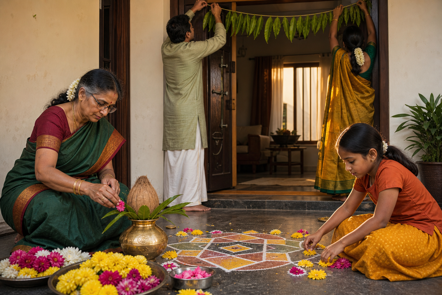 A multigenerational Hindu family decorates a home entrance with mango leaves, flowers, a kalasha, and a geometric rangoli at sunrise.