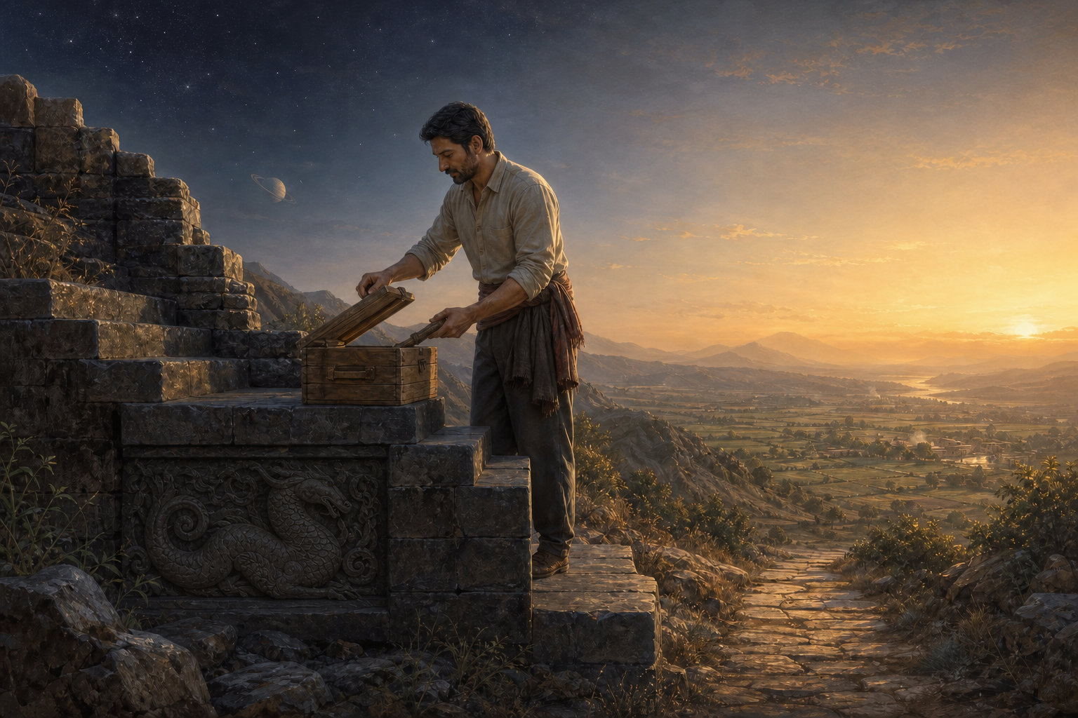 A person closes a toolbox beside completed stone steps as dawn lights a mountain path and valley.
