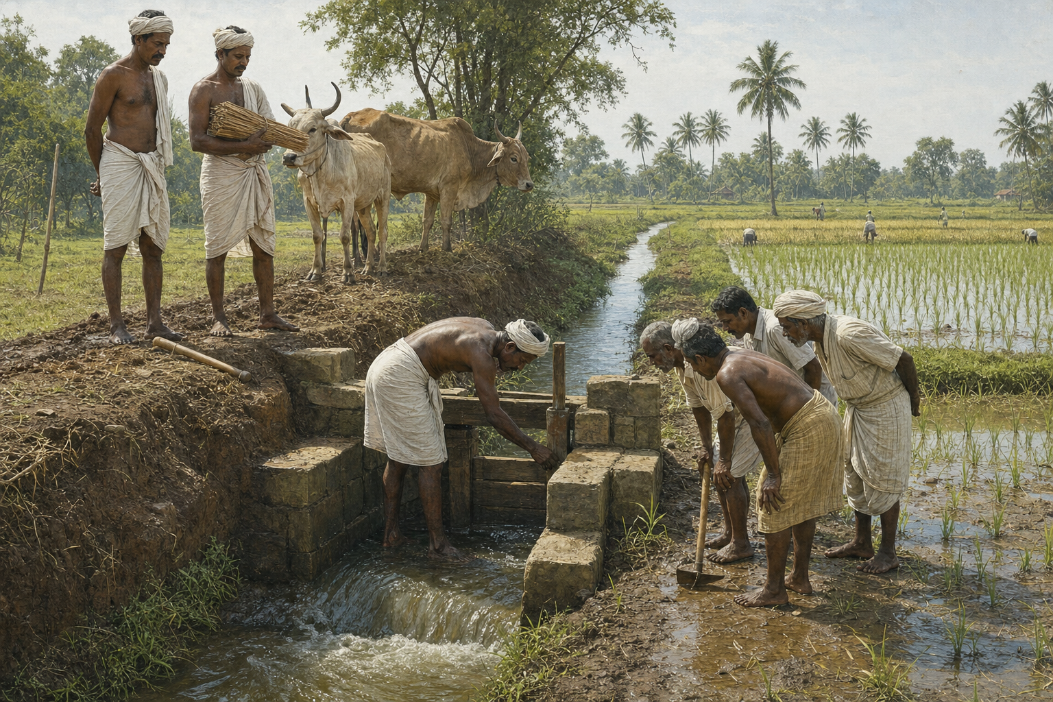 Villagers manage a tank sluice and irrigation channel serving paddy fields in late nineteenth-century Kelambakkam.