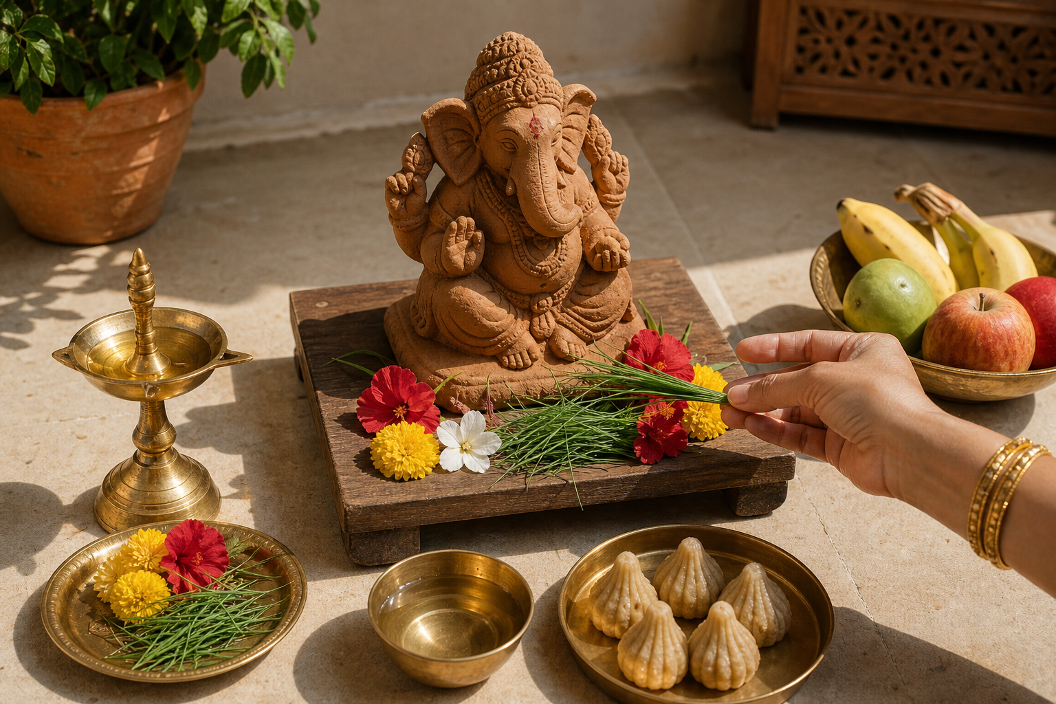 Hands offer durva grass to a small clay Ganesha murti beside flowers, a brass lamp, fruit, water, and modaks in strong midday light.