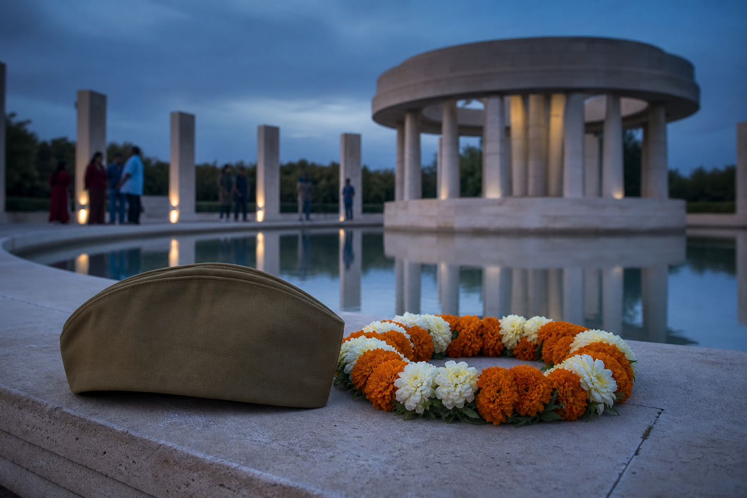 A World War II-era Indian Army service cap and marigold wreath rest on a stone ledge while visitors stand quietly at a circular war memorial.