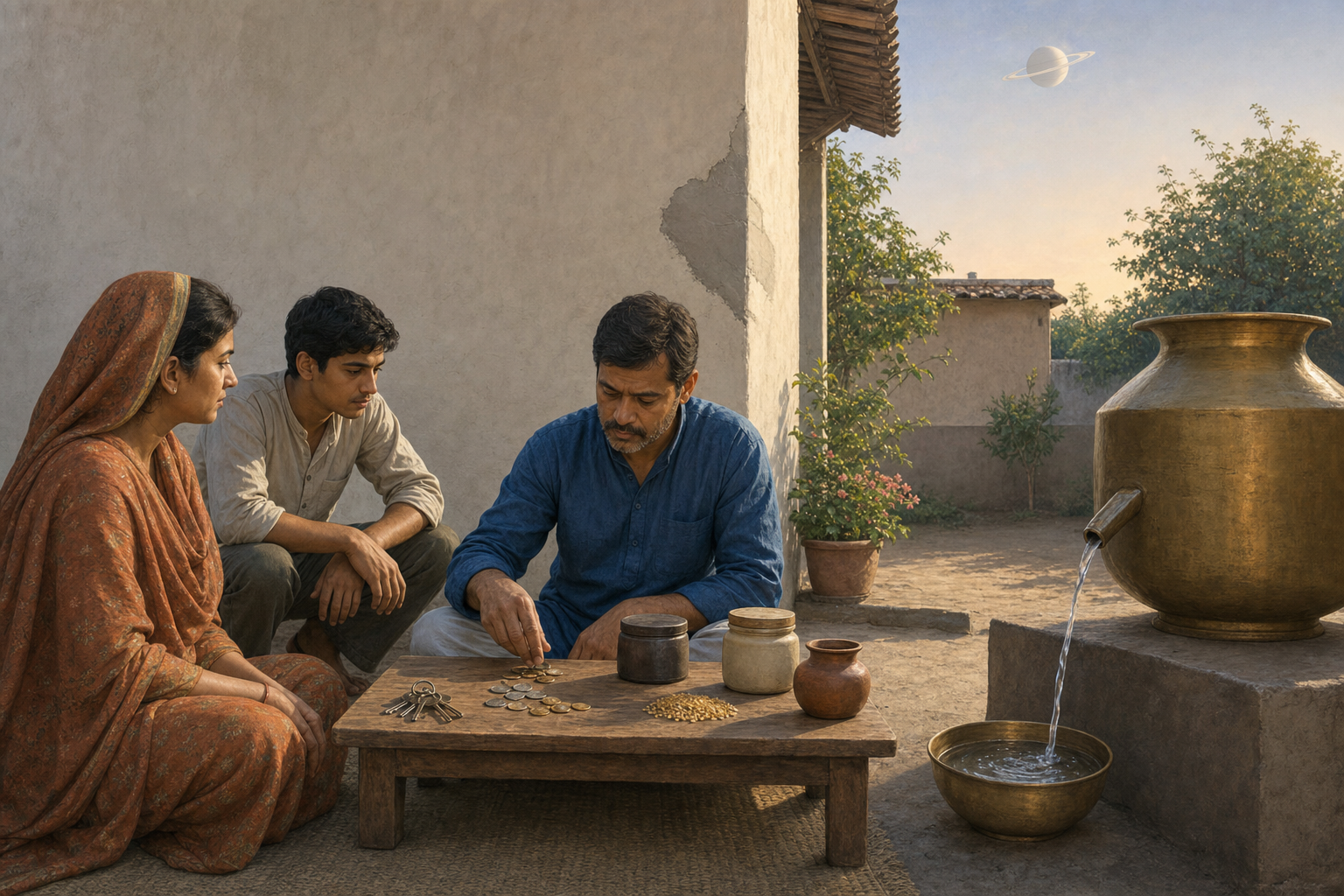 A person sorts coins, grain, keys, and household jars in a courtyard while relatives sit nearby and a wall is repaired.