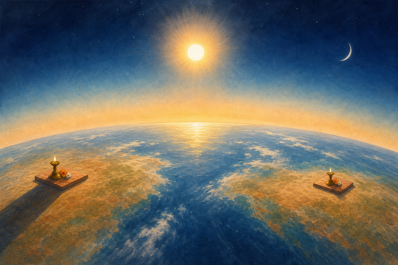 An unlabeled curved Earth shows two distant home prayer spaces lit by the same sun at different angles, with the moon visible above.