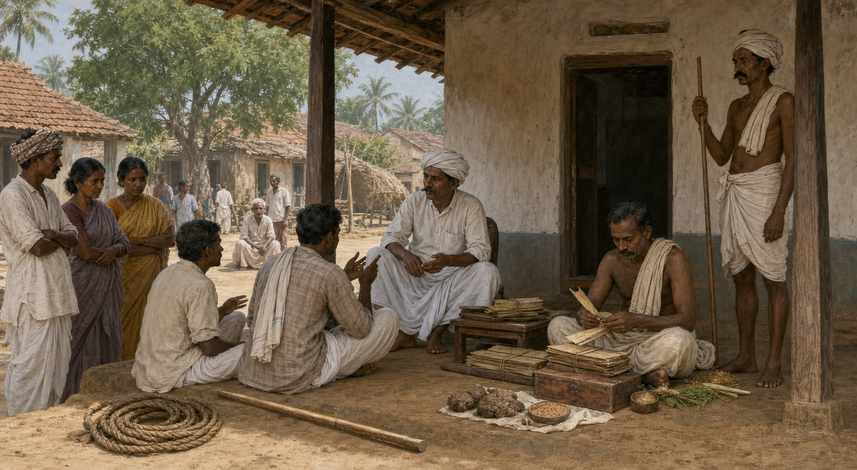 A village headman, accountant, watchman, cultivators, and disputing residents carry out separate administrative duties under a shaded veranda.