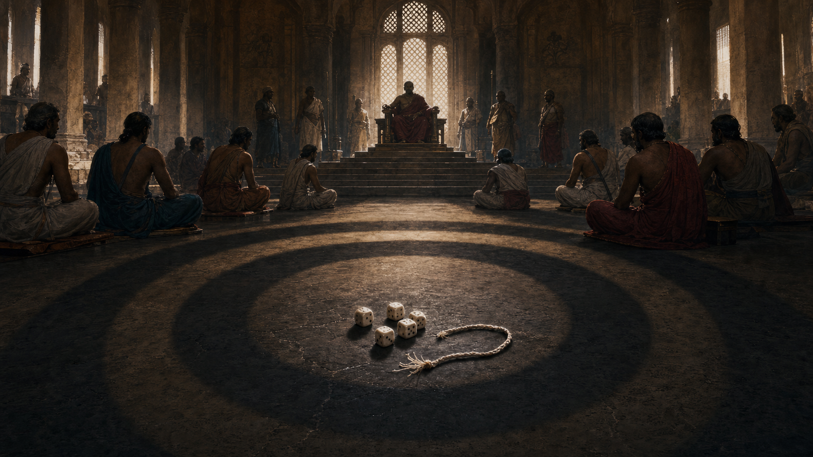 Dice and a broken ceremonial thread lie at the center of an ancient Indian assembly hall, surrounded by courtiers and silent witnesses at varying distances.
