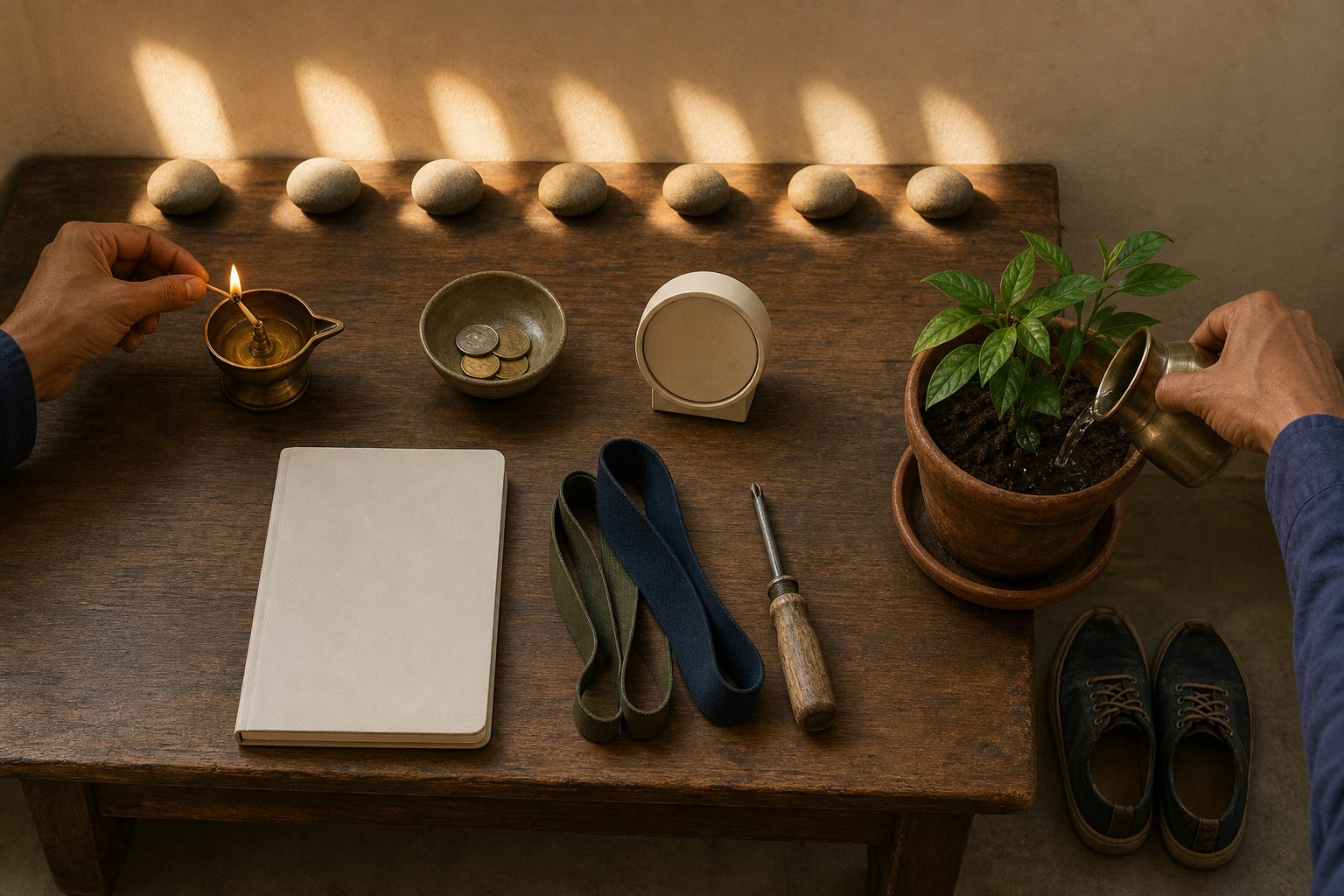 Hands organize a blank notebook, timer, coins, water, exercise bands, a tool, and an oil lamp on a wooden desk.
